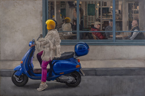 La moto azul by Juan Manuel Alvarez Cebrián, Painting for Sale on Select