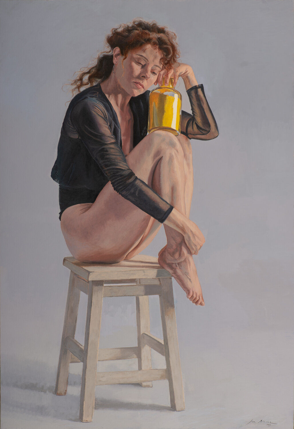 Mujer con botella de pigmento amarillo Juan Manuel Alvarez Cebrián Original painting for sale