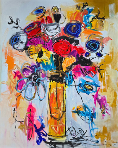 Symphony of Disarray_ Golden Vase Vibrance by Tadas Zaicikas, Painting for Sale on Select