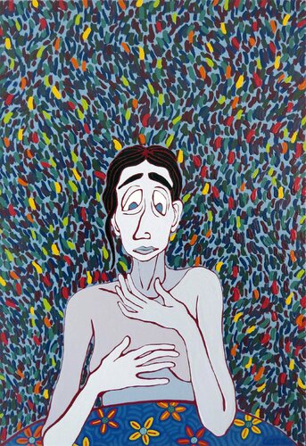 At the table XV - Blue woman by Hugo Castilho, Painting for Sale on Select