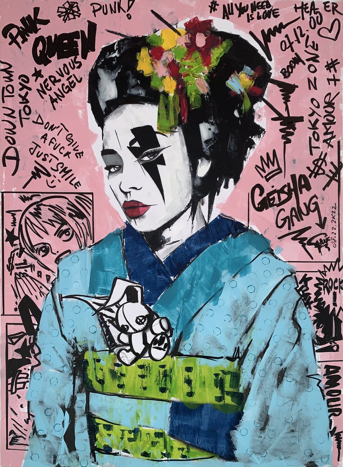 Geisha bunny pink Erick Artik Original painting for sale