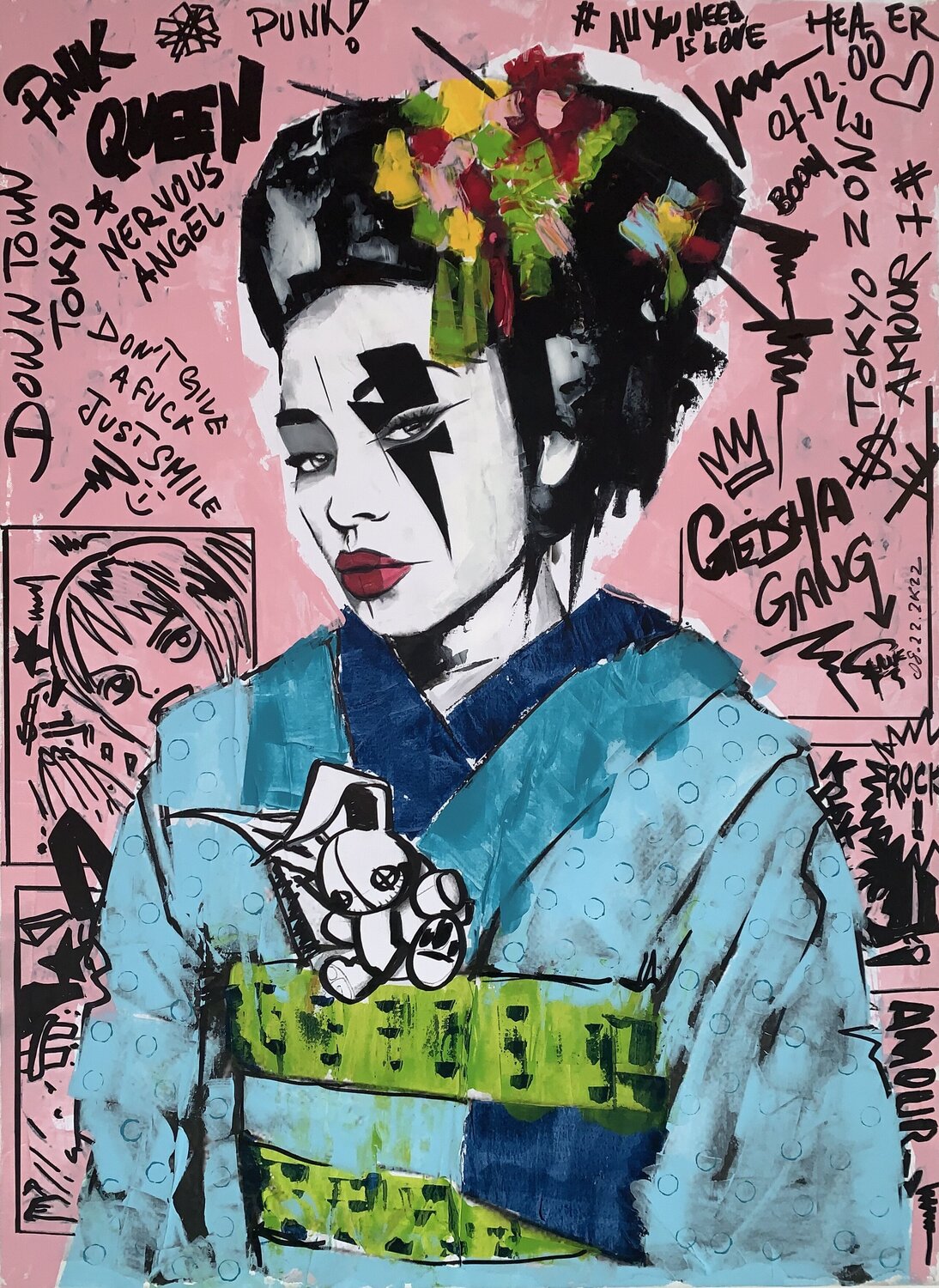 Geisha bunny pink Erick Artik Original painting for sale