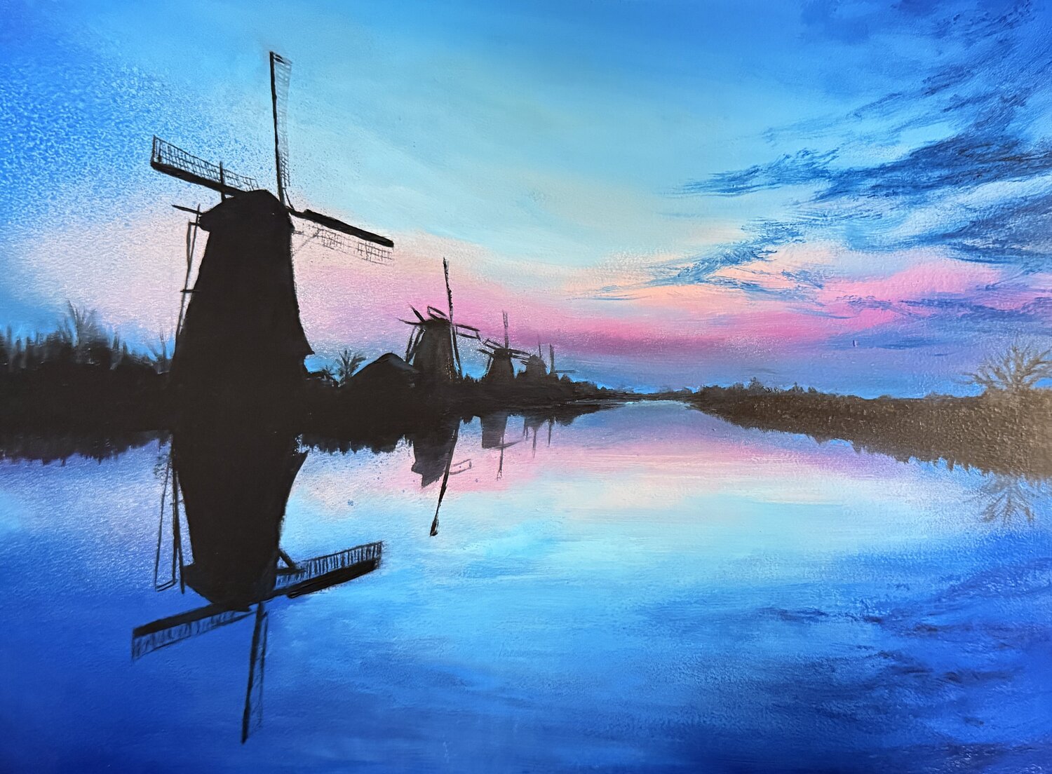 Landscape #59 ( Dutch mills at dusk) Selene's Art Original painting for sale