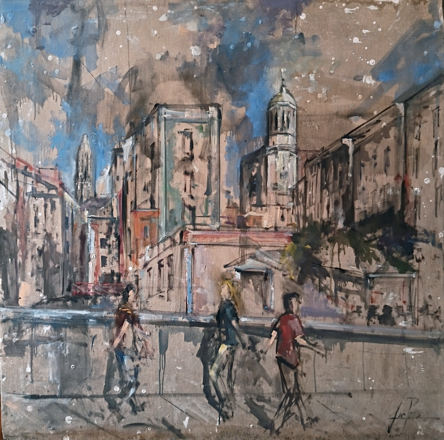 GIRONA DESDE EL PUENTE DE PIEDRA Josep Pozo Original painting for sale