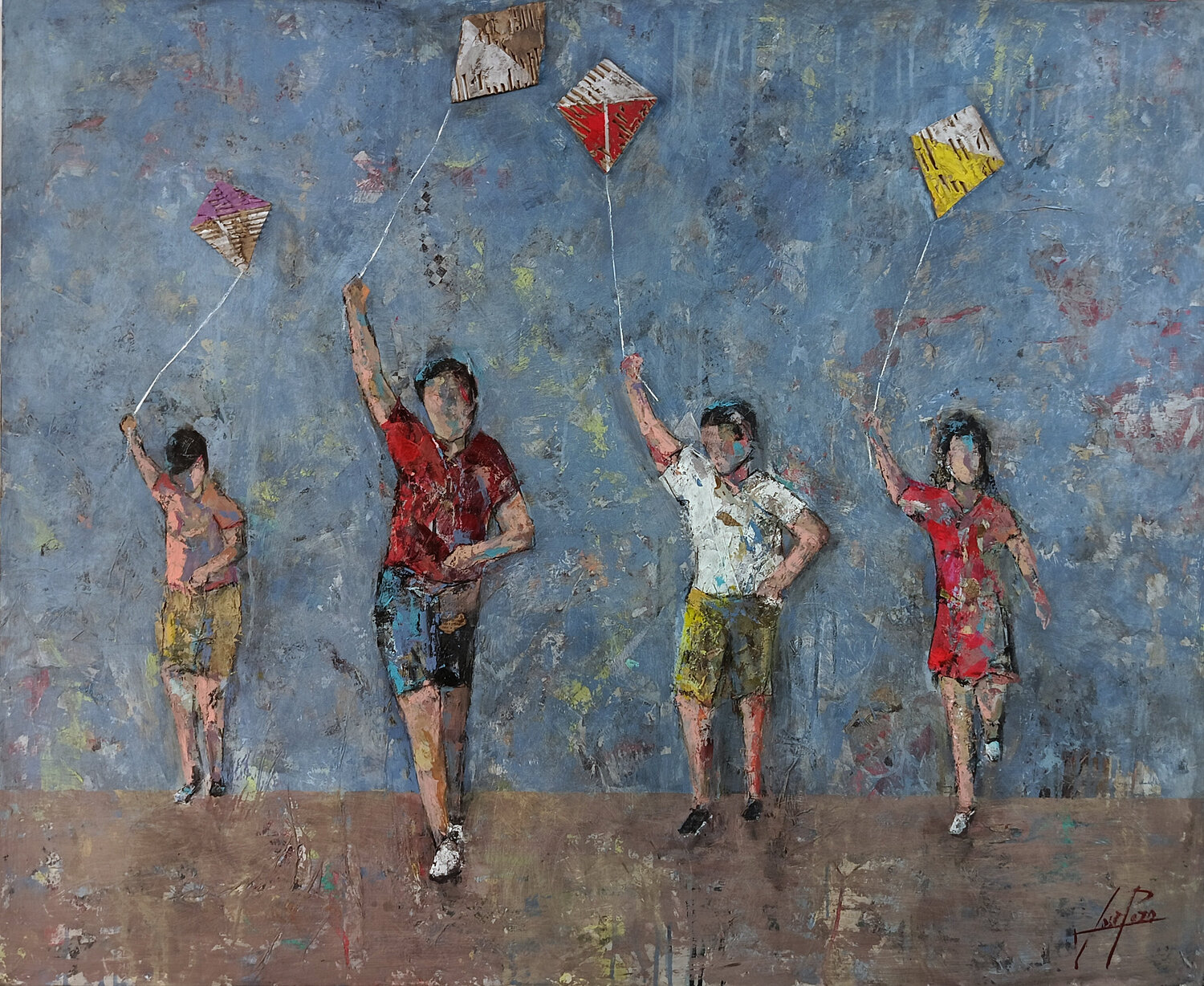 NIÑOS CON COMETAS Josep Pozo Original painting for sale