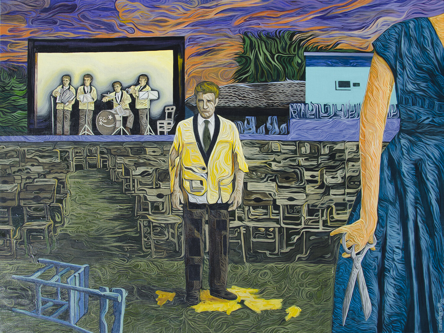 The Yellow Jacket and Blunt Scissors Caner Karavit Original painting for sale