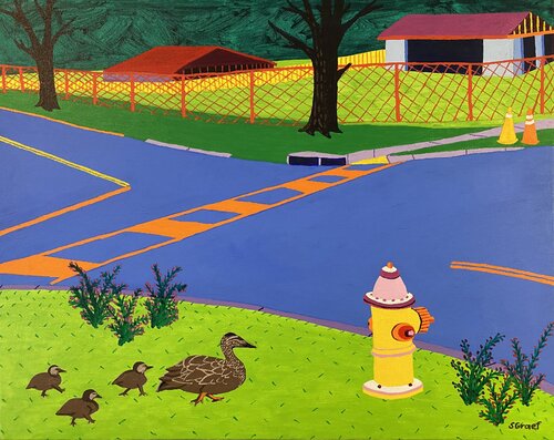 Fire Hydrant and Ducks by Sue Graef, Painting for Sale on Select