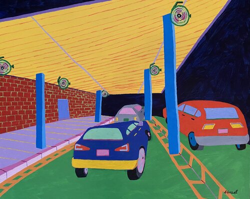 In Line at Chick-fil-A by Sue Graef, Painting for Sale on Select