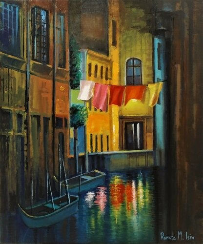 " Night in Venice " - Boats by Reneta Isin, Painting for Sale on Select