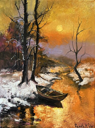 " Winter Sunrise with Boat " by Reneta Isin, Painting for Sale on Select