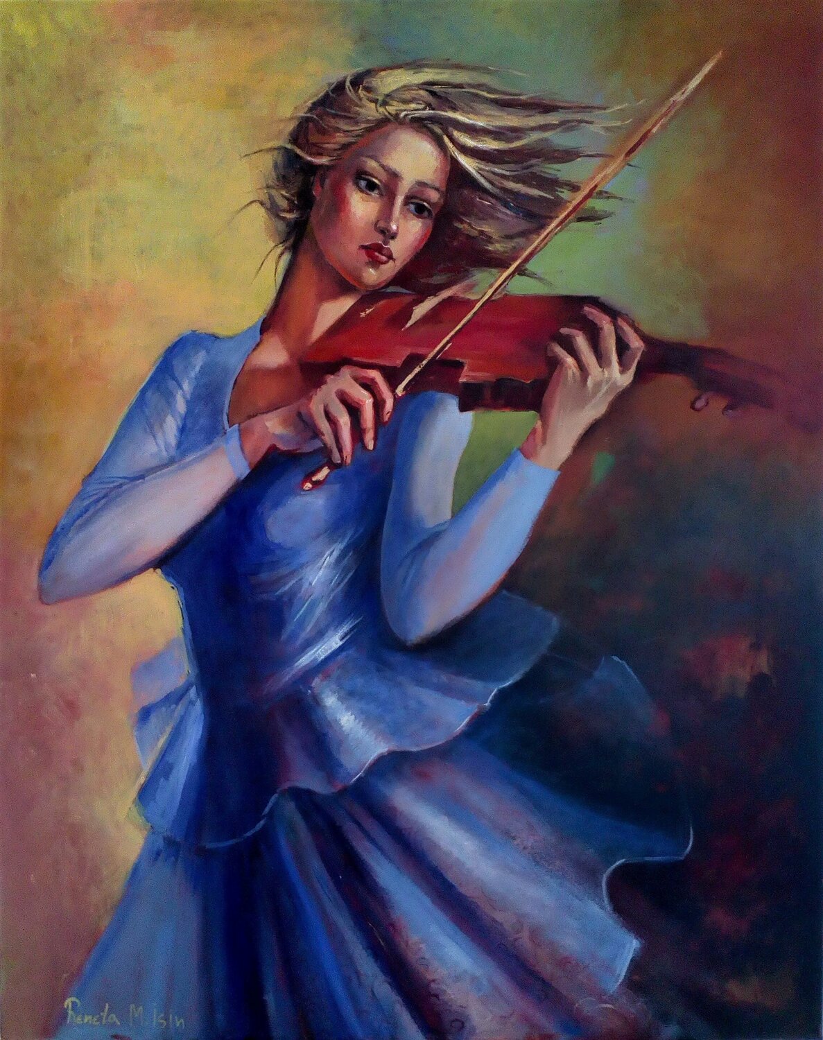" Violinist in a blue dress " Reneta Isin Original painting for sale