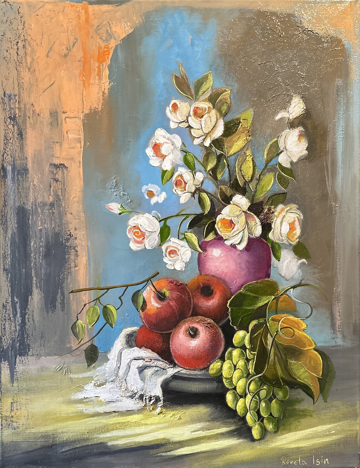 Still Life with Roses, Grapes and Apples Reneta Isin Original painting for sale