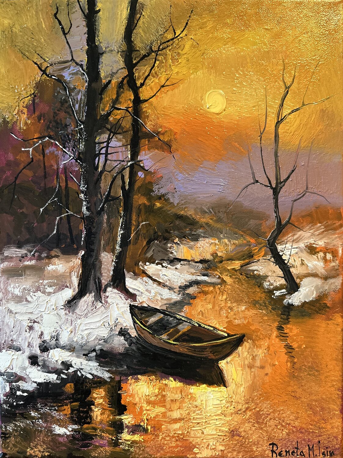 " Winter Sunrise with Boat " Reneta Isin Original painting for sale