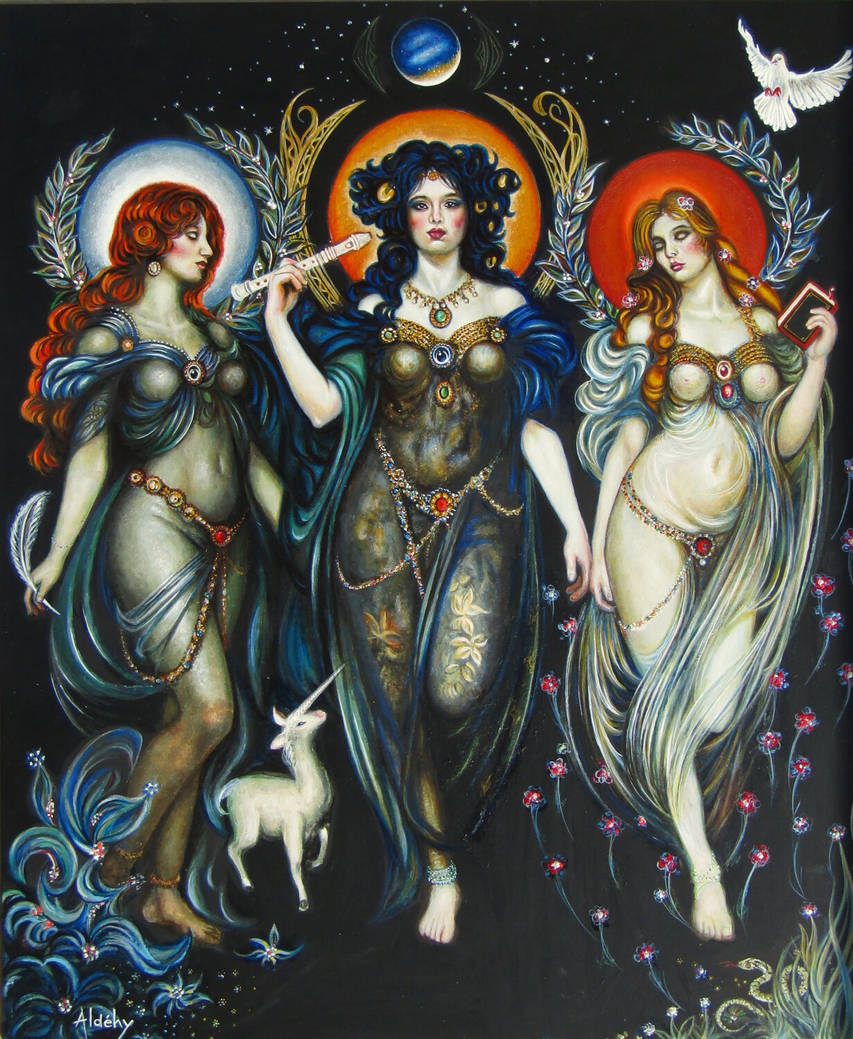 "TRIO D'OR ET D'ART" - Les Muses de La littérature, de la musique et la poésie. Aldehy Original painting for sale