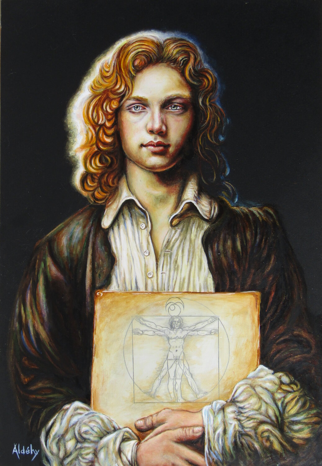 "LE SOLEIL SE LÈVE" - Portrait of Leonardo da Vinci at age 18 Aldehy Original painting for sale