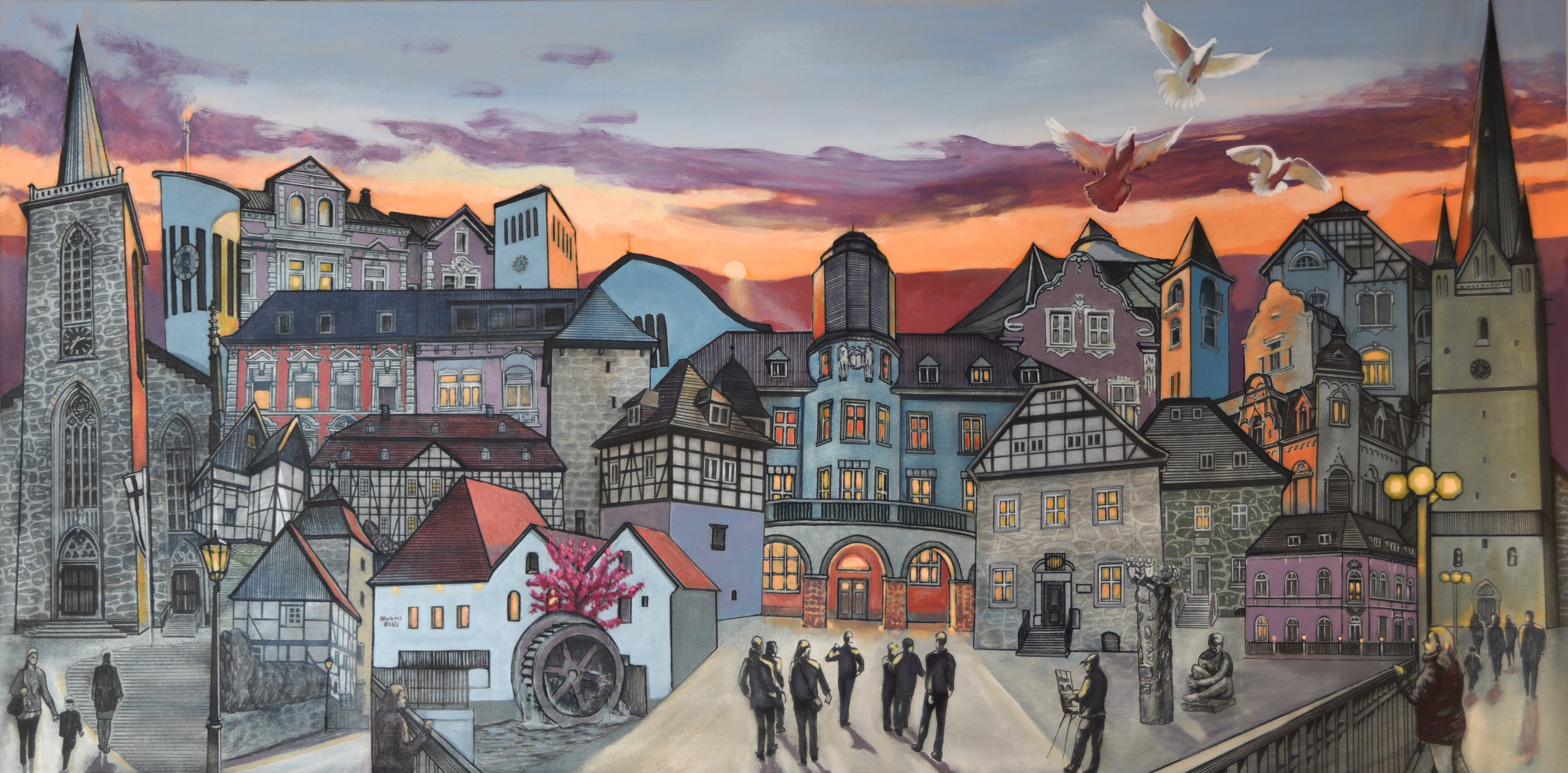 Frühling. Morgendämmerung über der Altstadt von Menden.