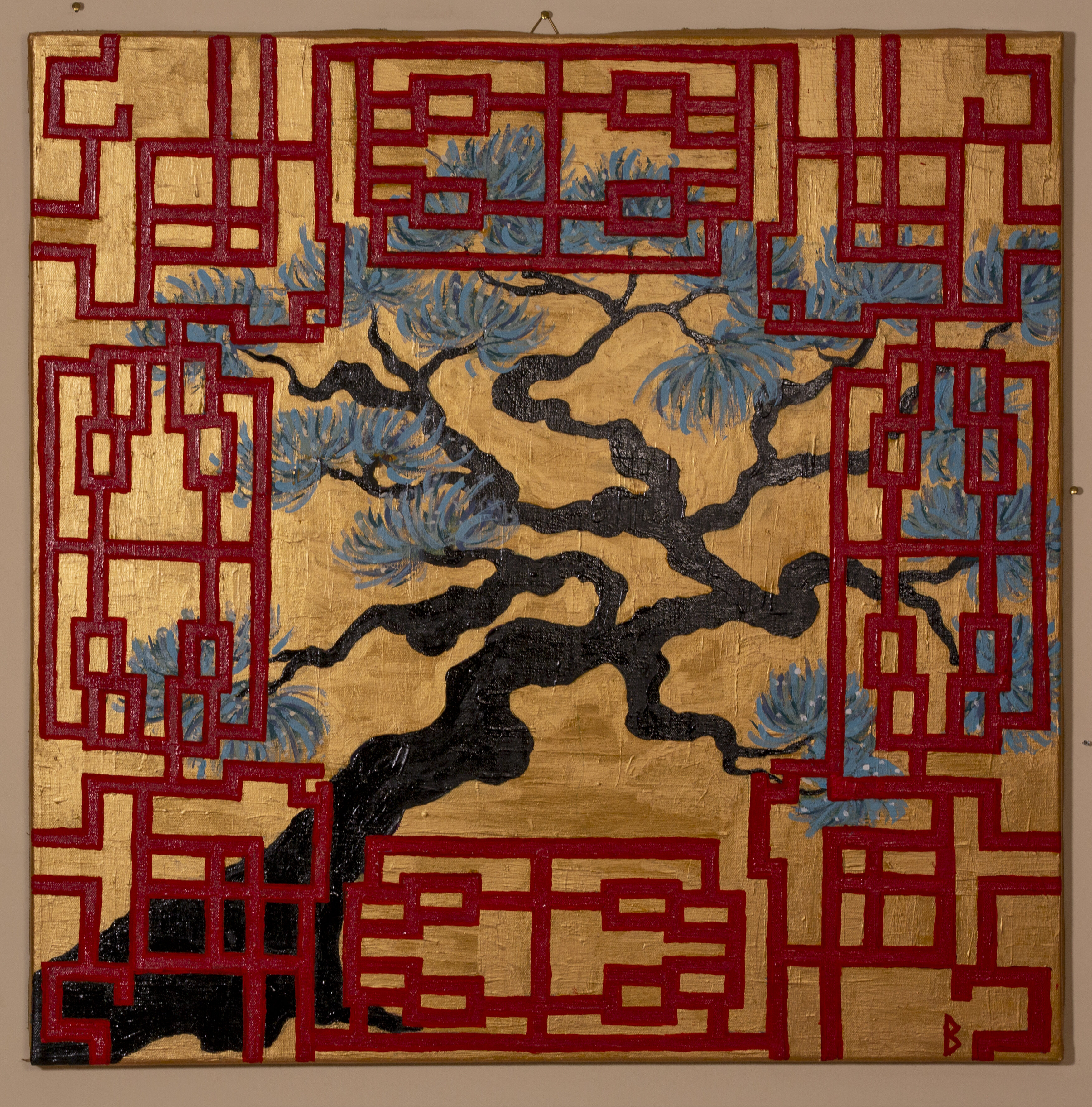 Gnarled Tree and red Lattice Screen