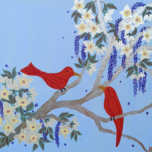 2 red Birds in a Siilver Tree by Berit Bredahl, Painting for Sale on Select
