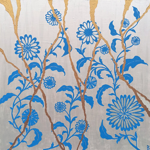 Kintsugi II - The antique Plate with blue Flowers by Berit Bredahl, Painting for Sale on Select