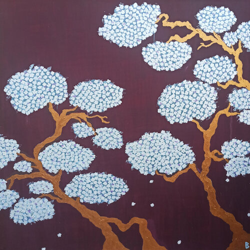 Gnarled Gold Tree with Spring Flowers by Berit Bredahl, Painting for Sale on Select