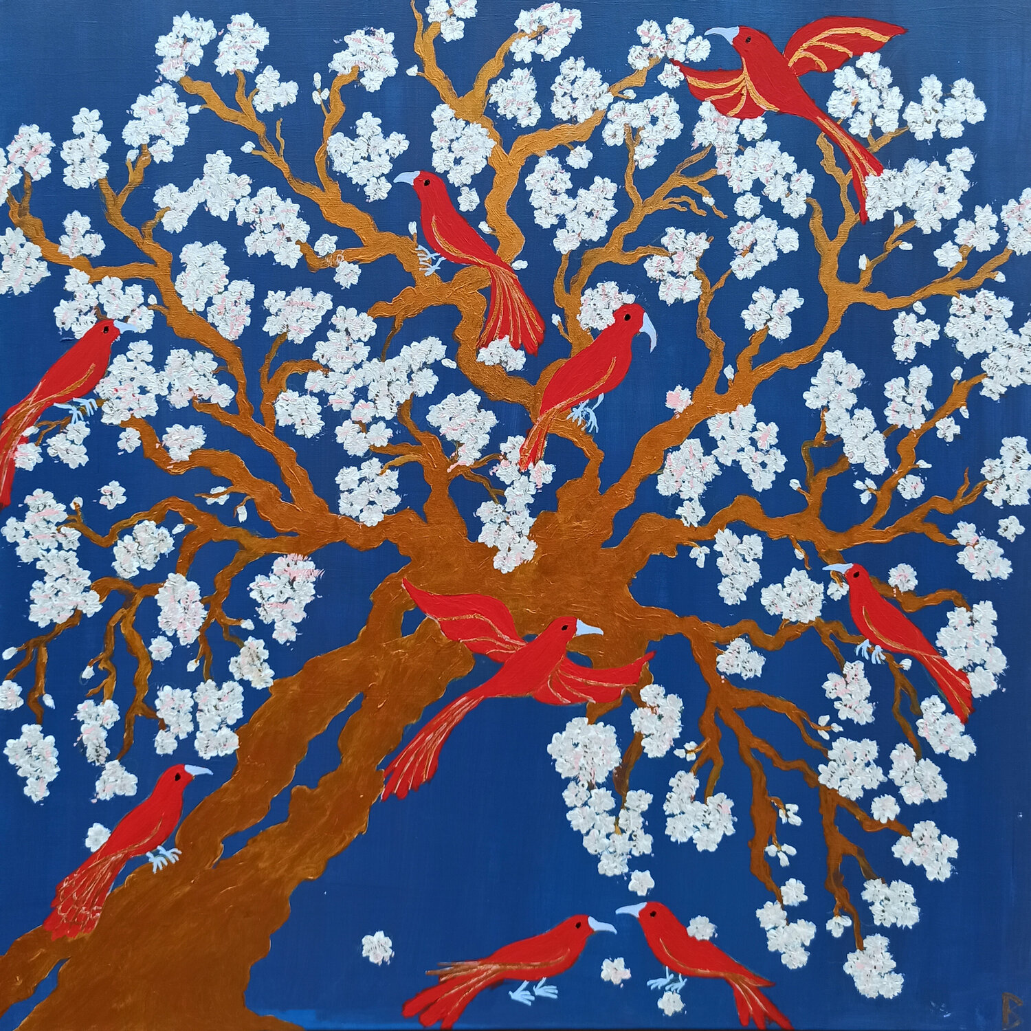 Cherry Blossoms and red Birds Berit Bredahl Original painting for sale