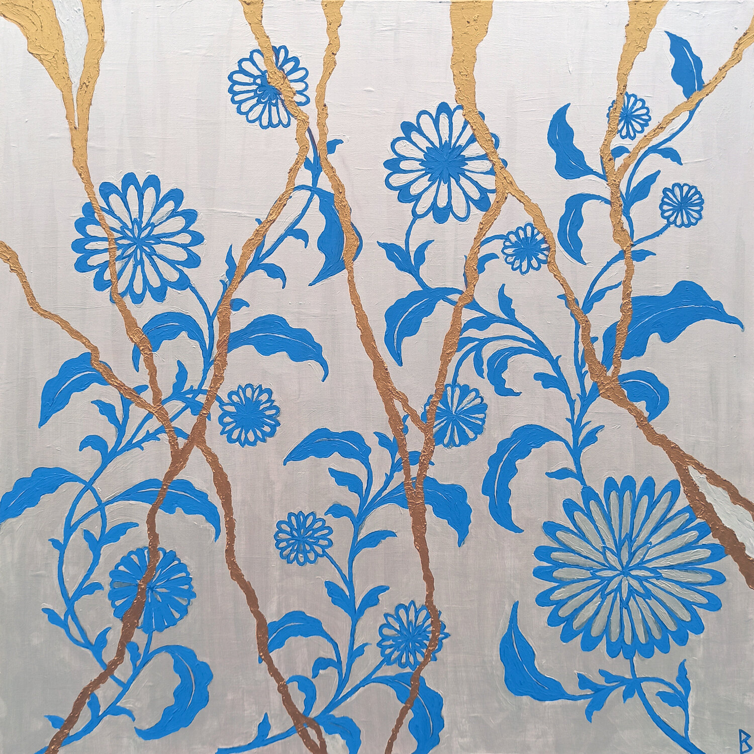 Kintsugi II - The antique Plate with blue Flowers Berit Bredahl Original painting for sale