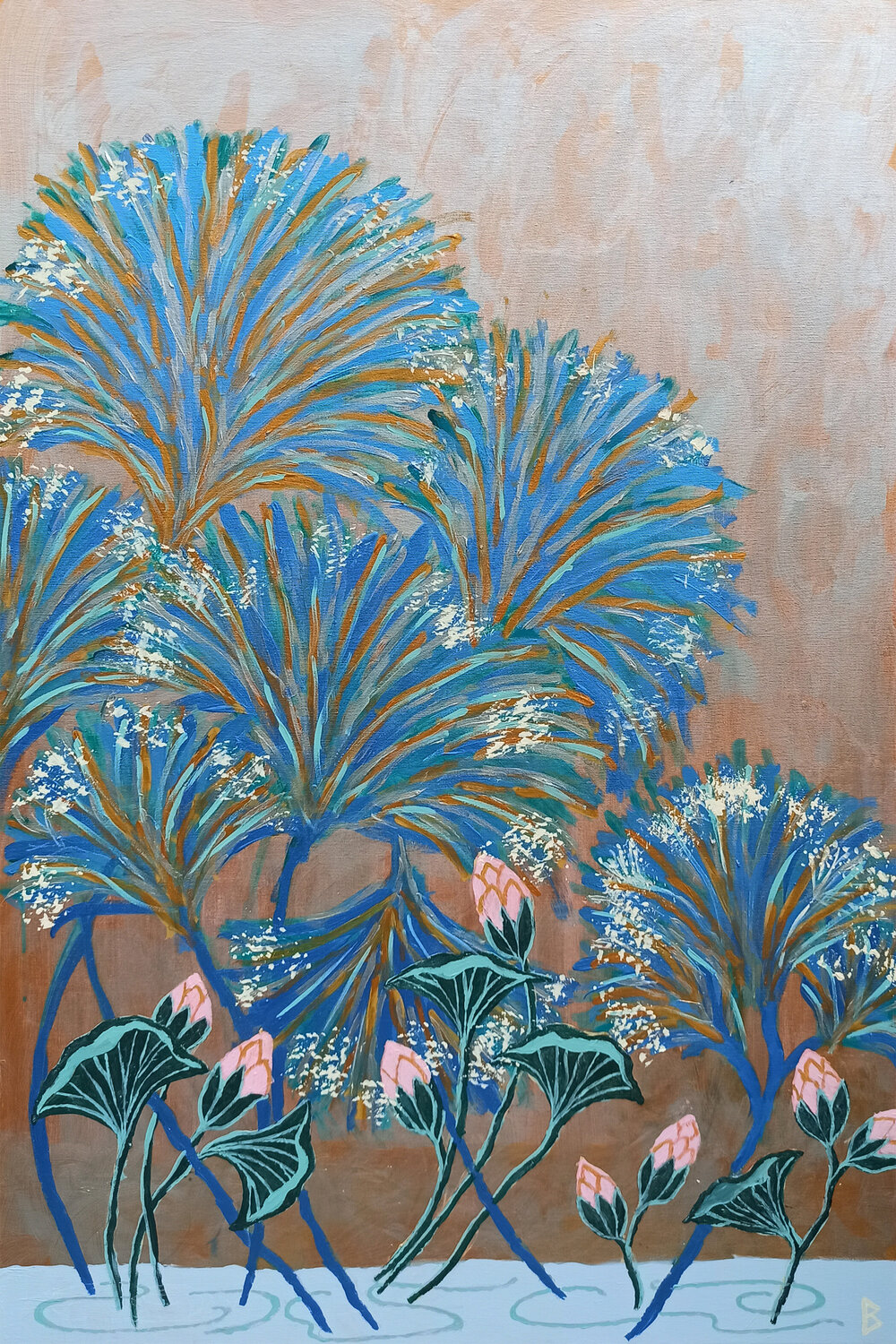 Blue Papyrus and Lotus Buds Berit Bredahl Original painting for sale