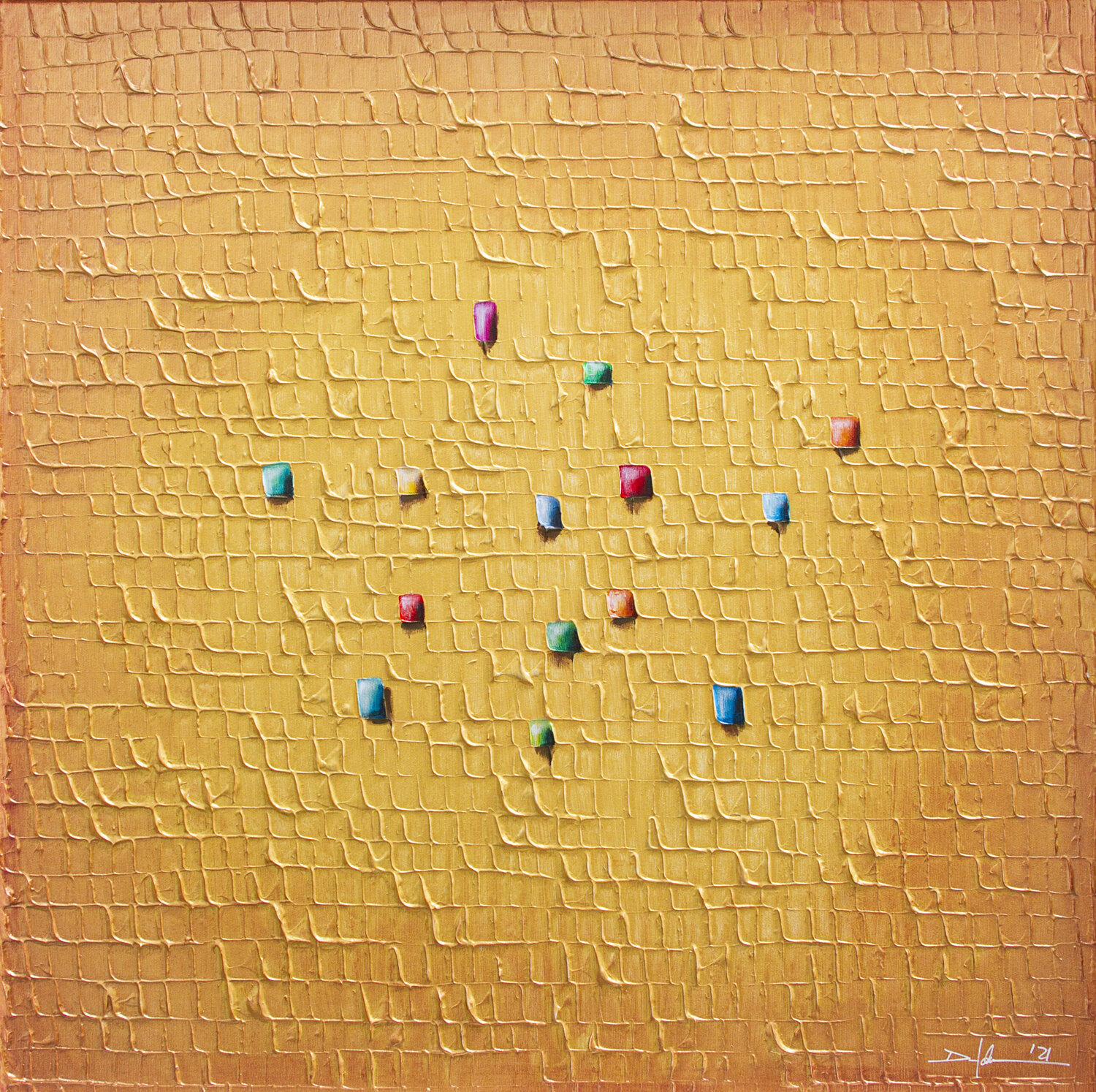 Analog Pixels / Serial Rectangles / 2022 / gold / 80x80 / RFVJ4 Danny Frede Original painting for sale