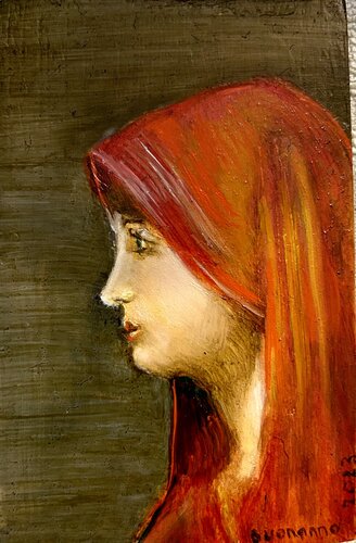 Le regard égnimatique sous un voile écarlate by Lisbeth Buonanno, Painting for Sale on Select