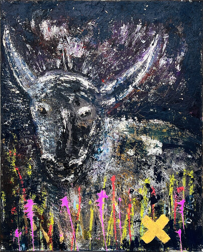 Young Bull at Night - by Sven Debo Bode by Sven Bode, Painting for Sale on Select
