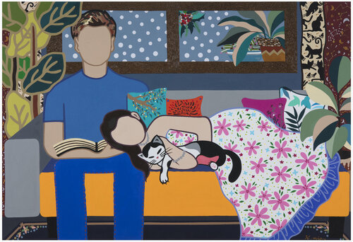 Comfortable and happy daily life of a man, his wife and their cat by Mia Kim, Painting for Sale on Select