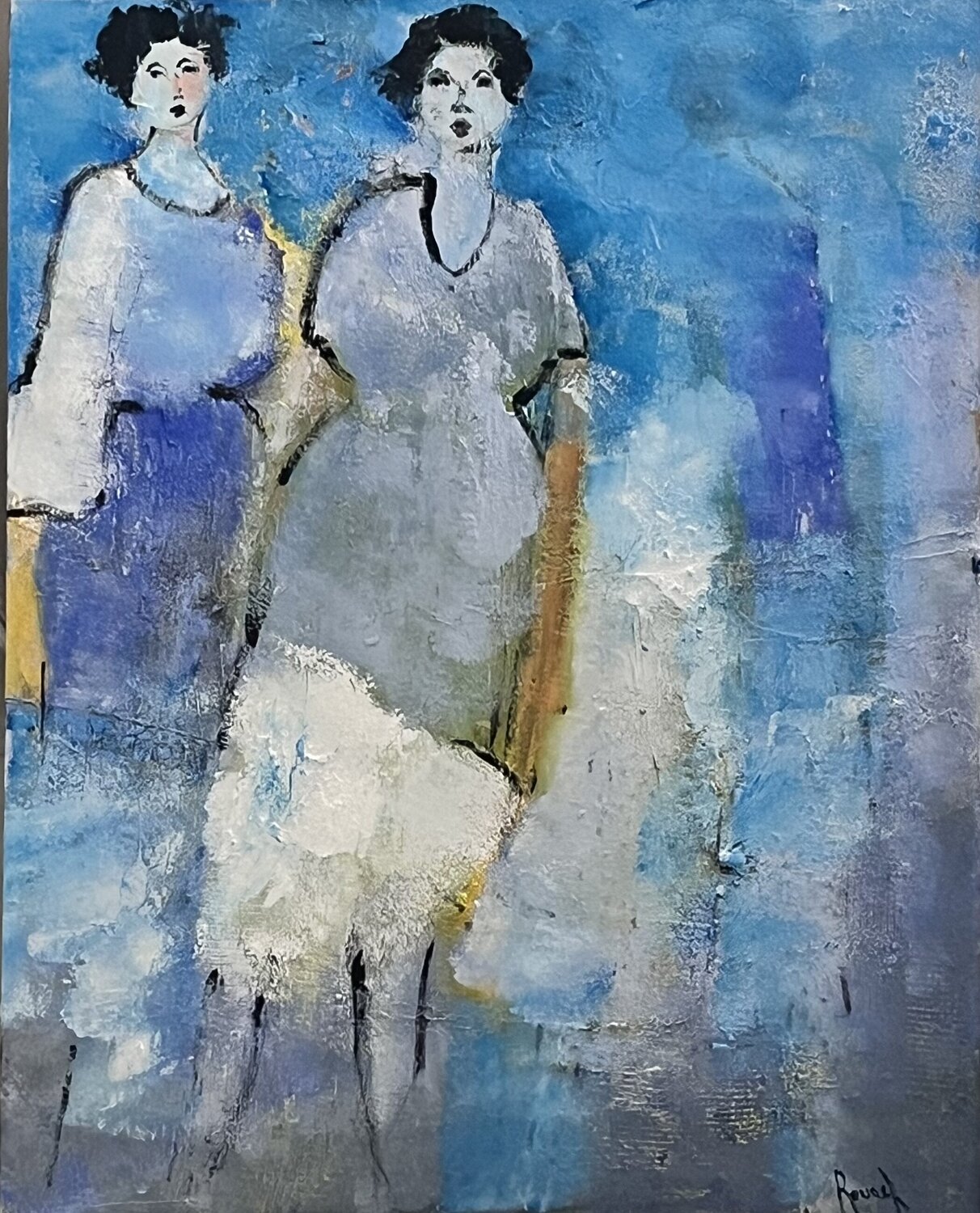 Personnages bleus Marie Rouach Original painting for sale