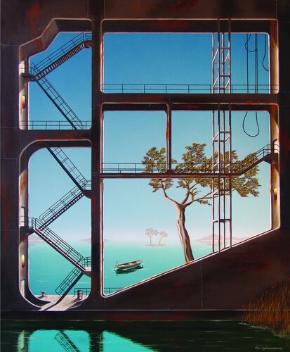 La barge (Encadrée sous baguettes) by Thierry Van Quickenborne, Painting for Sale on Select