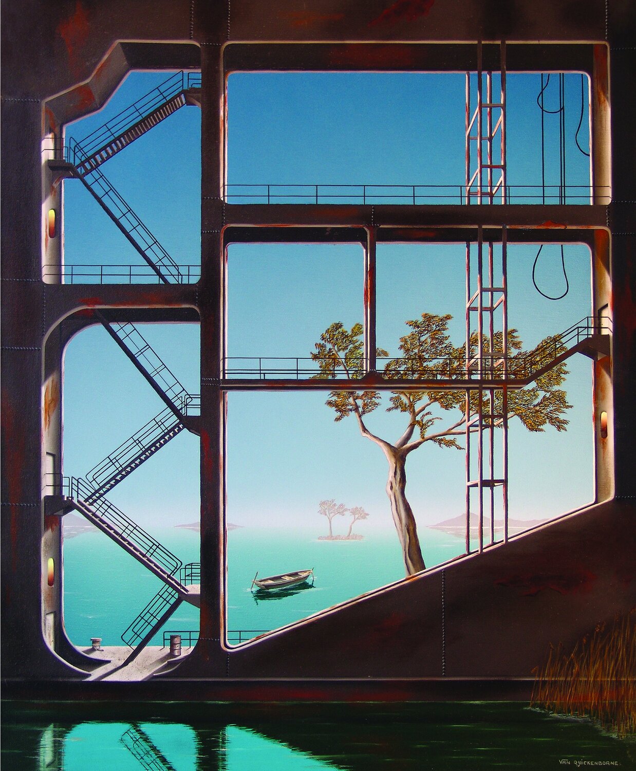 La barge (Encadrée sous baguettes) Thierry Van Quickenborne Original painting for sale