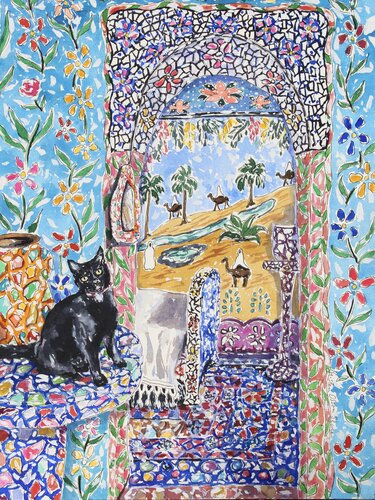 The Black Cat And The Flowers Share A Silent Sound by Kristen Olson Stone, Painting for Sale on Select