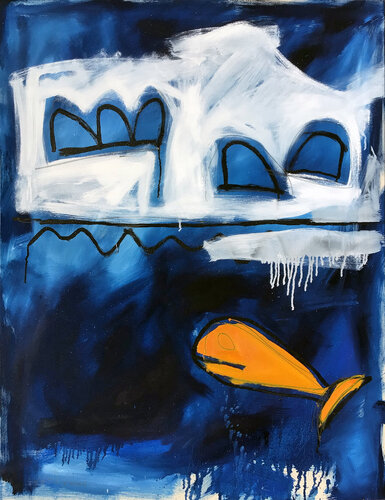 AN ORANGE WHALE VISITS INUITS by Hari Beierl, Painting for Sale on Select