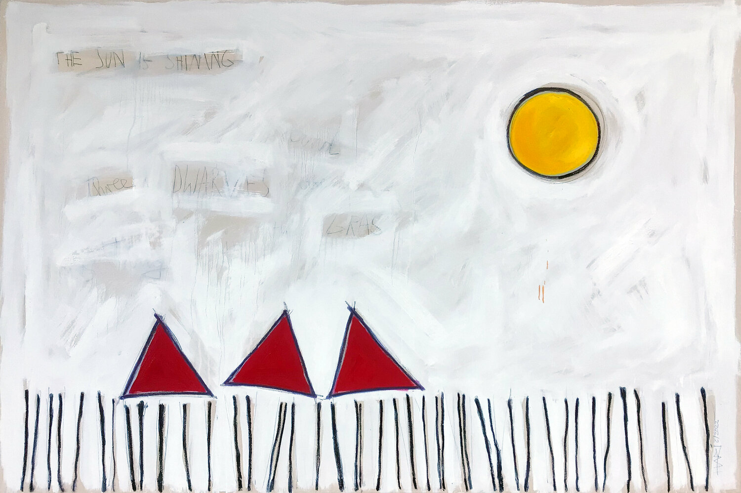 THE SUN IS SHINING AND THREE DWARVES ARE SITTING IN THE GRAS Hari Beierl Original painting for sale
