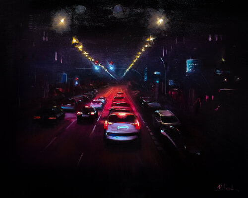 Glowing Nocturnal Traffic by Bozhena Fuchs, Painting for Sale on Select