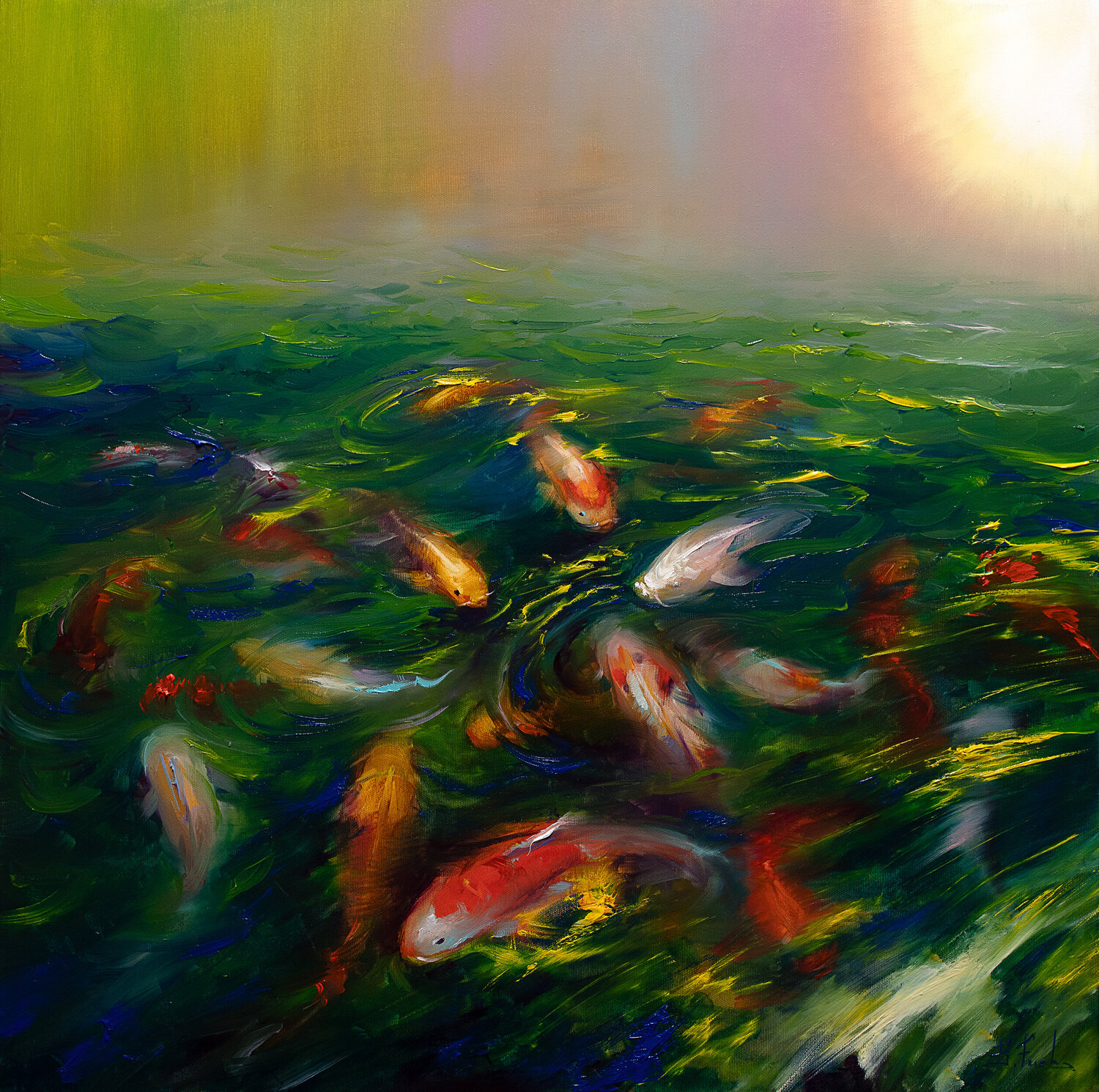 Koi fish in the pond Bozhena Fuchs Original painting for sale