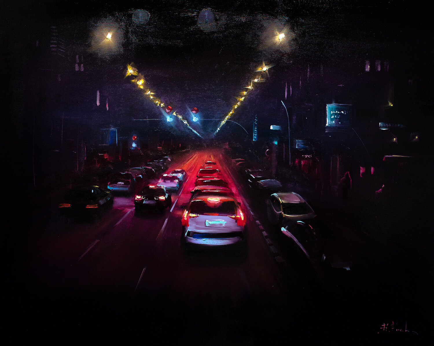 Glowing Nocturnal Traffic Bozhena Fuchs Original painting for sale