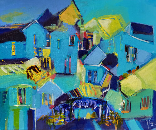 Village en Vallée Bleue by Muriel Cayet, Painting for Sale on Select