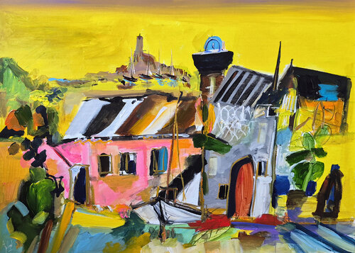 Village à la maison rose by Muriel Cayet, Painting for Sale on Select