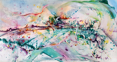 a landscape in petrol and purple by Petra Heck, Painting for Sale on Select