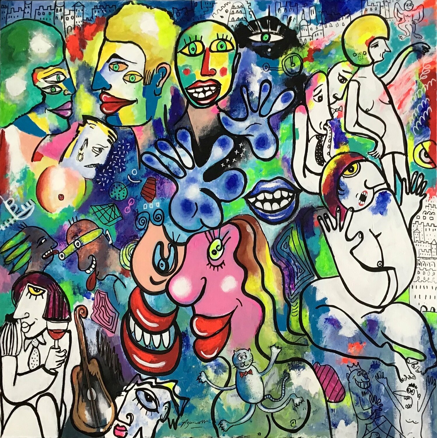 J'AI UN PETIT DOUTE SUR LE CHAT DE LA MÈRE MICHEL Jean-Louis Azencott Original painting for sale