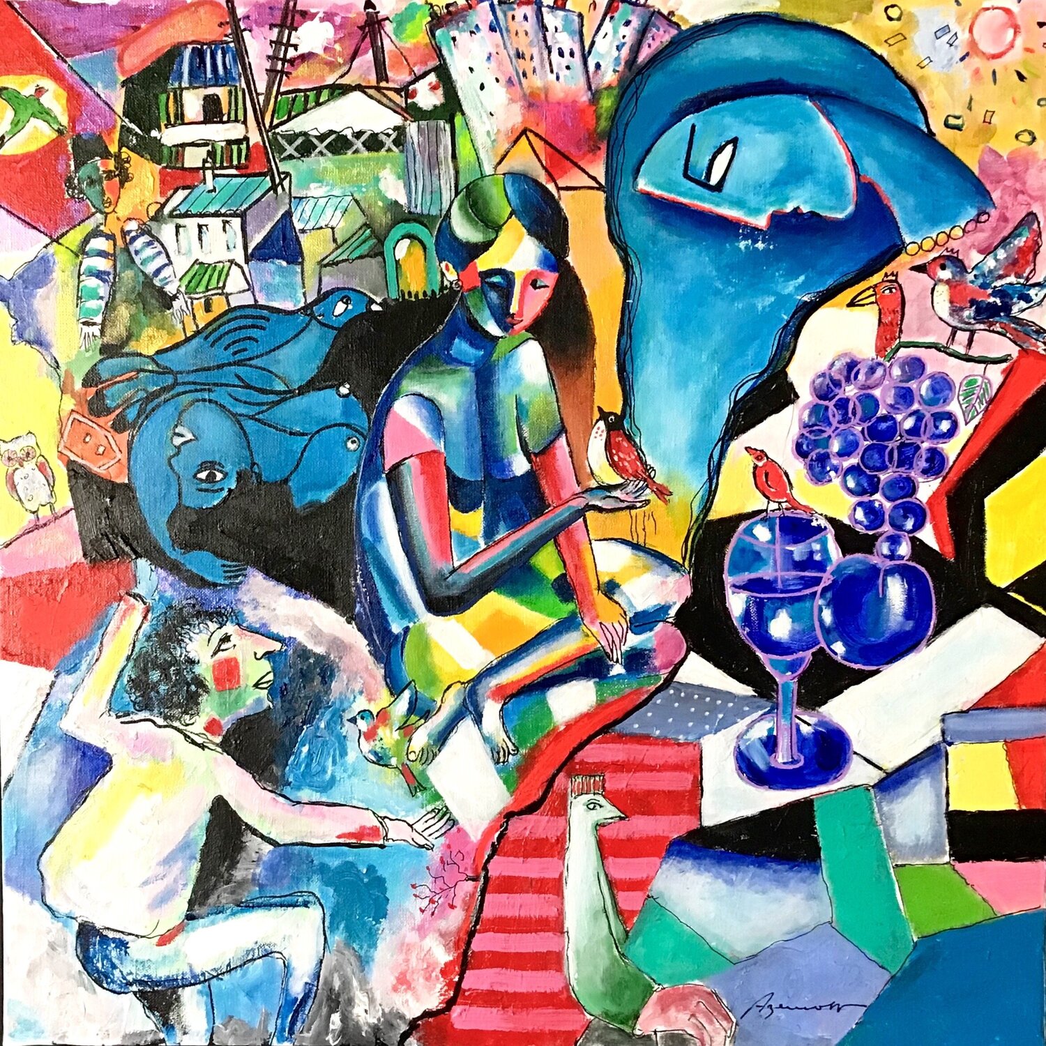 LA FEMME ET L'OISEAU Jean-Louis Azencott Original painting for sale