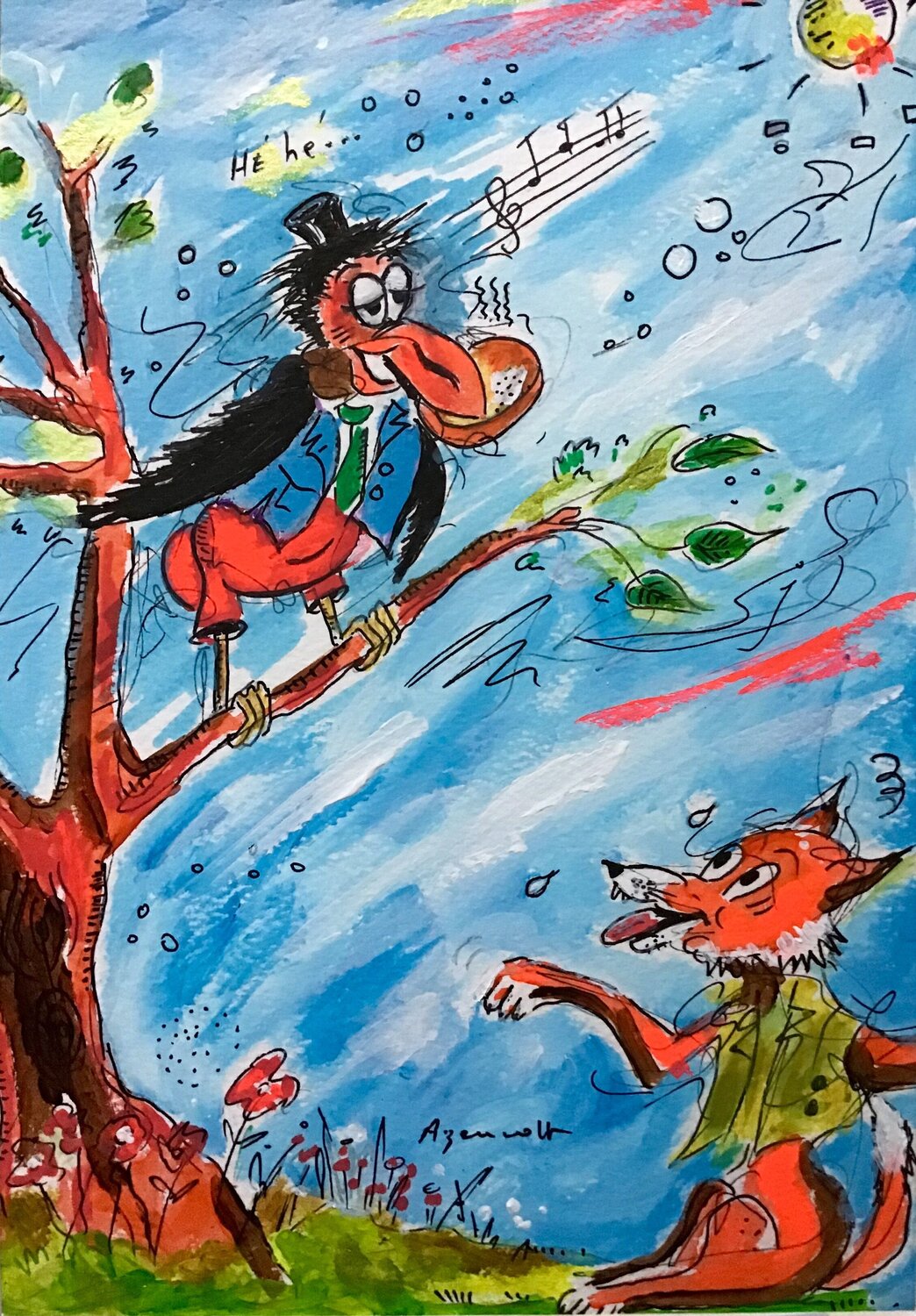 LE CORBEAU ET LE RENARD Jean-Louis Azencott Original painting for sale