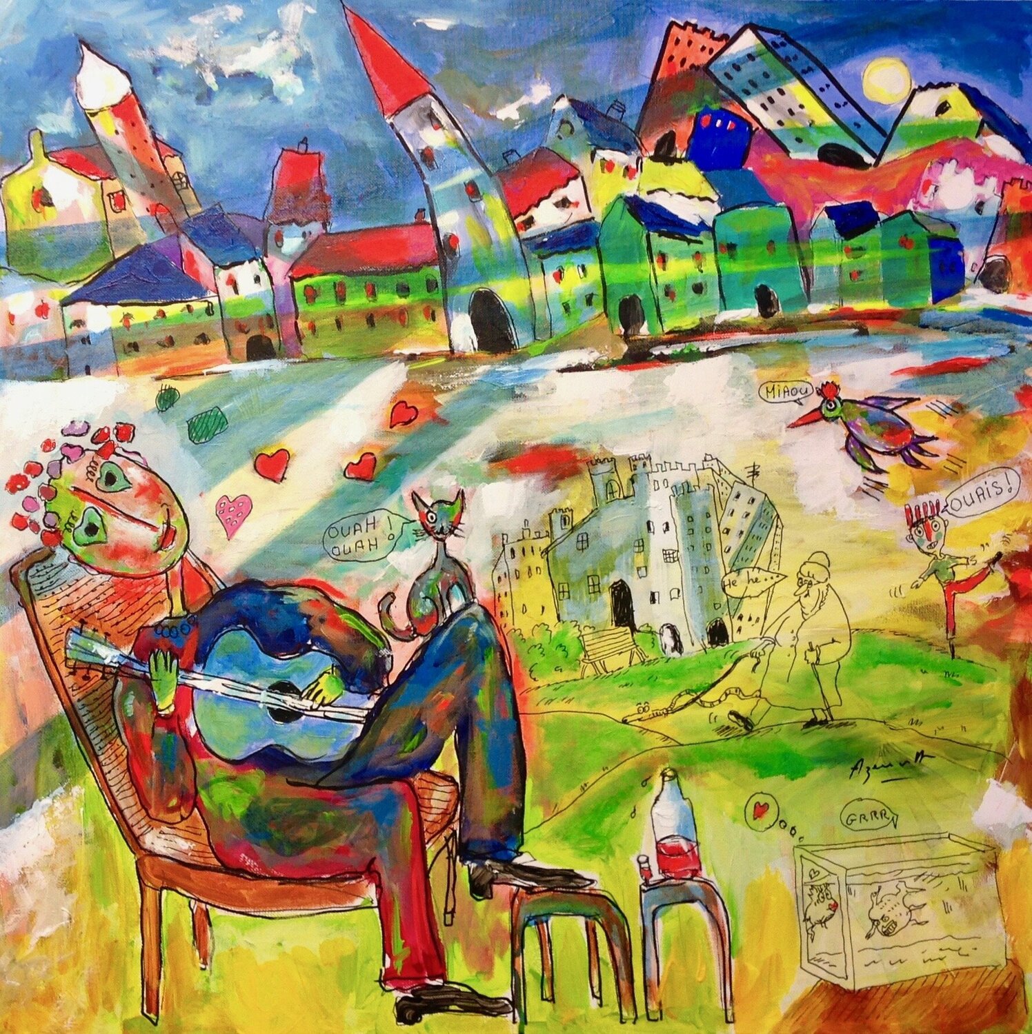 LE CHAT BORGNE DU GUITARISTE" "THE GUITARIST'S ONE-EYED CAT" Jean-Louis Azencott Original painting for sale