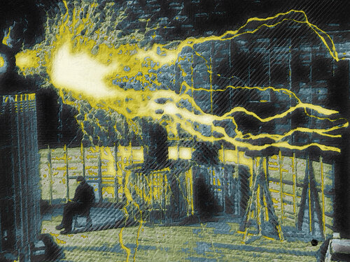 Nikola Tesla Sitting In His Experimental Station Reimagined 4 von Tony Rubino, Malerei kaufen auf Select
