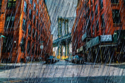 New York City Skyline Rain Storm Bridge von Tony Rubino, Malerei kaufen auf Select