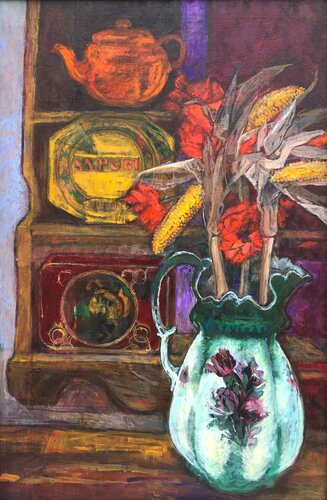 Still life with Victorian jug and Italian Biscottis by Patricia Clements, Painting for Sale on Select